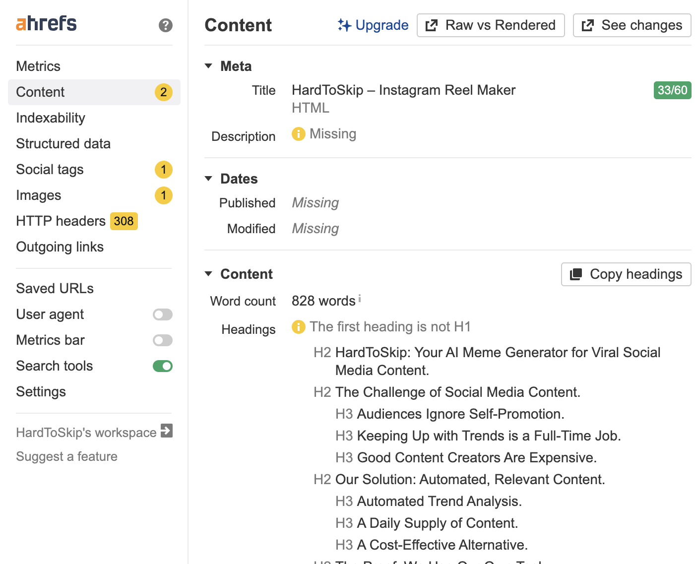 Content page before SEOWorkerAI improvements